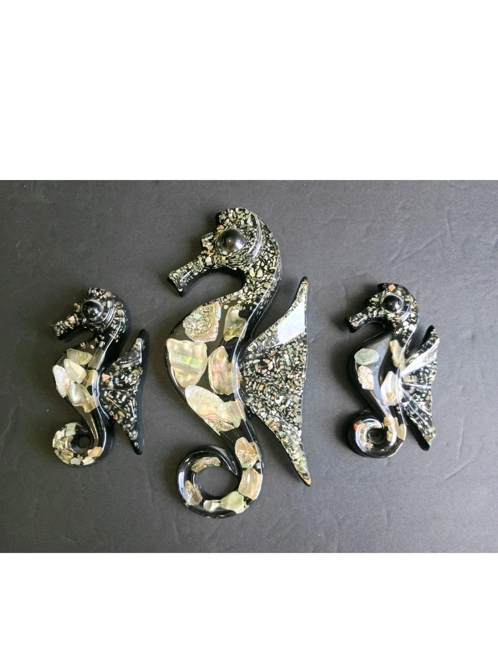 Vintage Abalone Shell Lucite Seahorse Wall Art Set Of 3 MCM Retro Coastal Charm